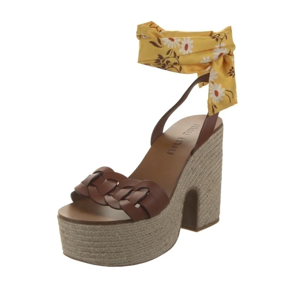 Miu Miu | NWOB Leather Platform Sandals with Yellow Ankle Straps - Size IT 40